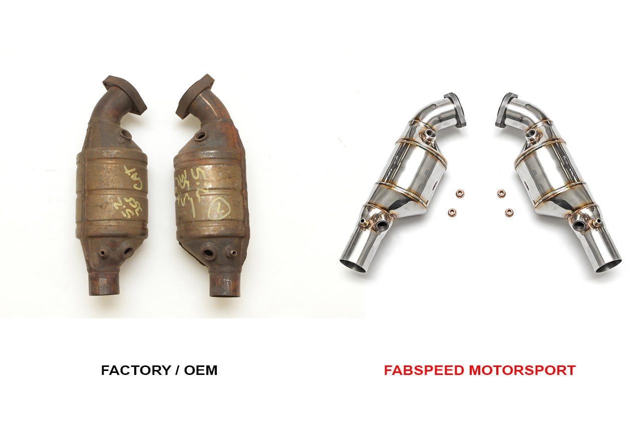 Factory F355 catalytic converters beside the Fabspeed sport cats