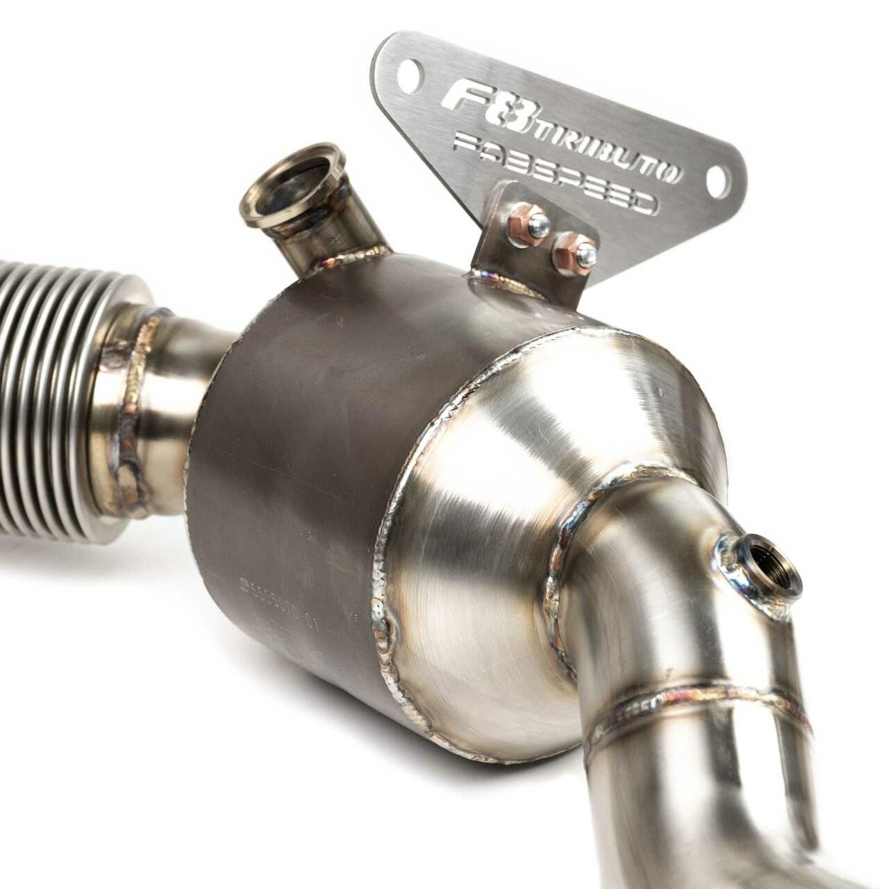 Braided flex section and F8 bracket on a Fabspeed sport cat