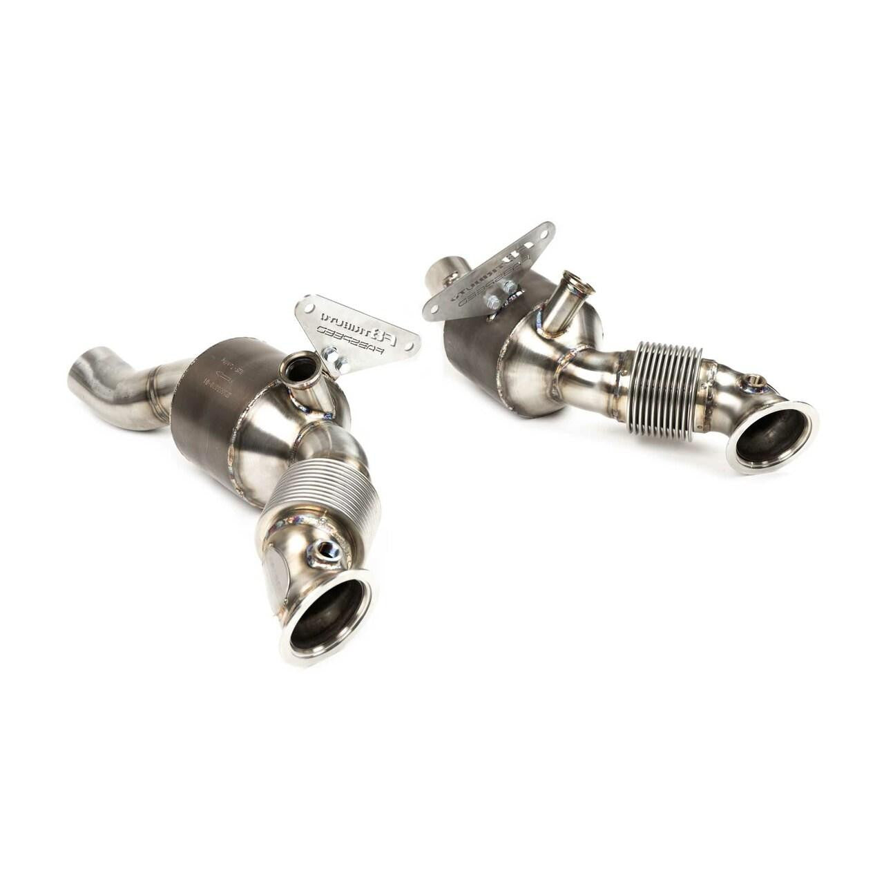 Fabspeed F8 sport cats, angled view of the pair