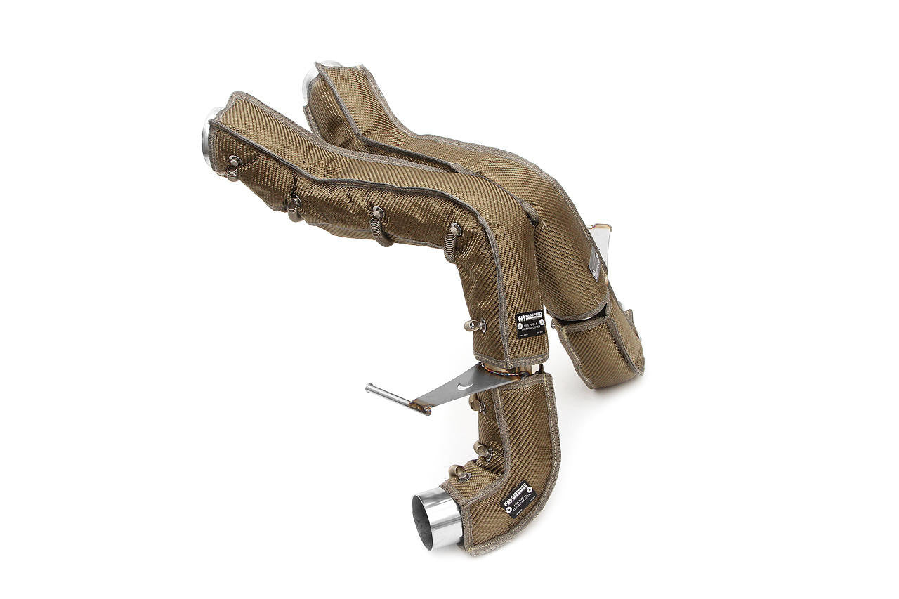 Fabspeed 570S X-pipe with heat wrap, angled side view