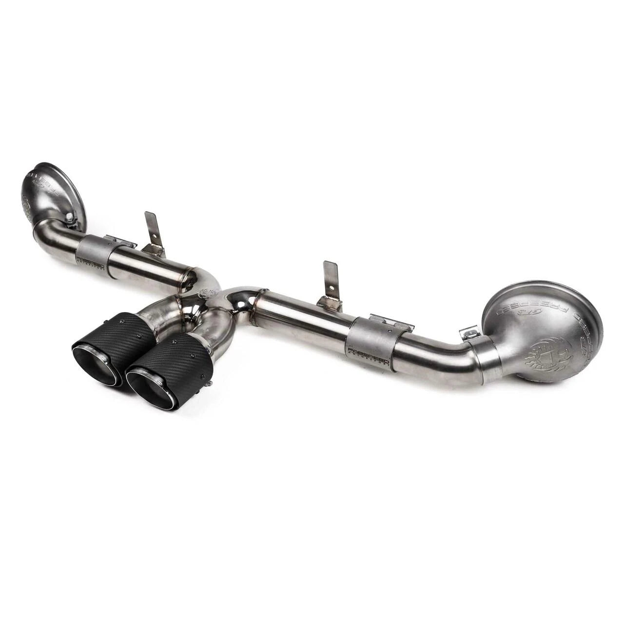 Fabspeed 992 GT3 Supercup exhaust with black tips, angled view