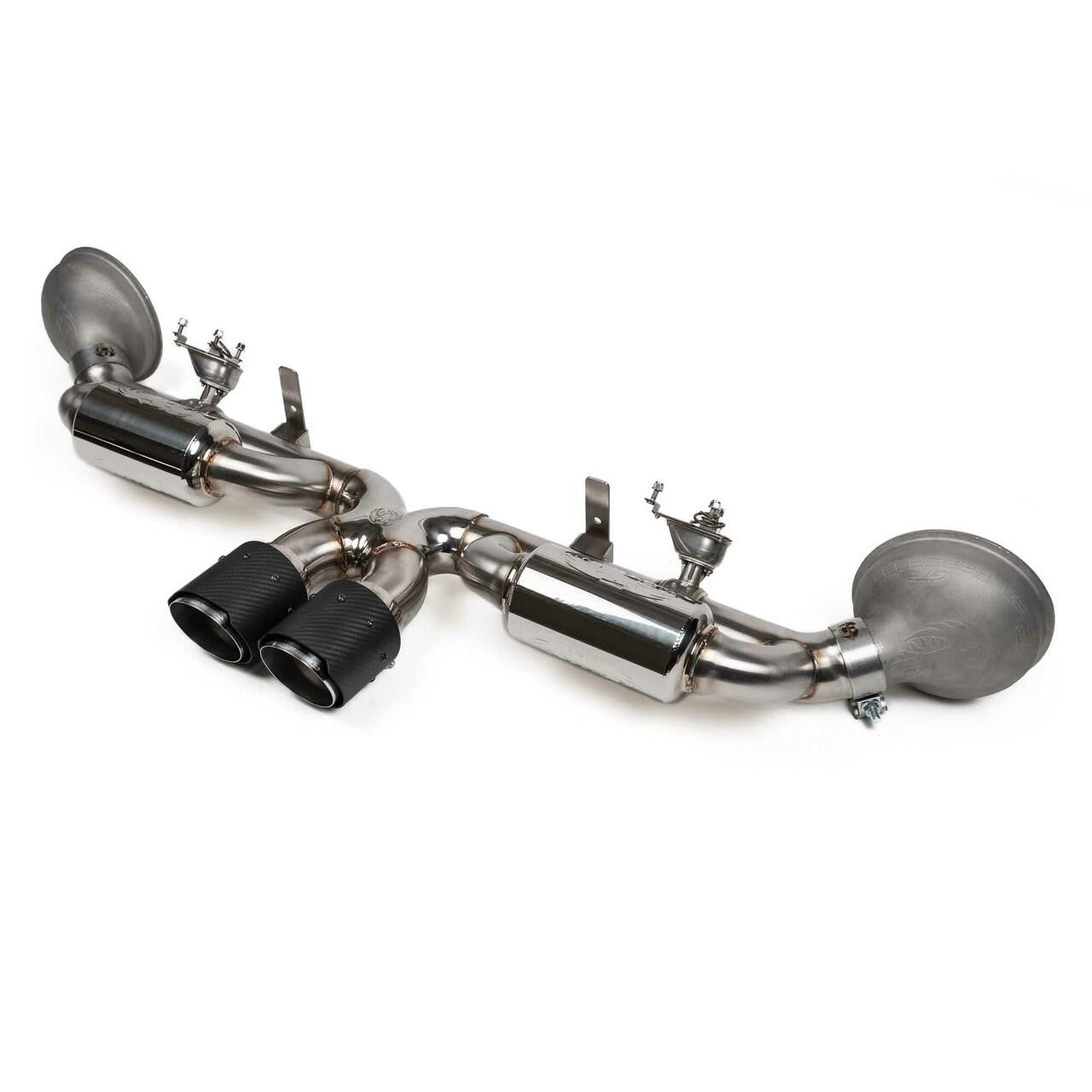 Fabspeed 992 GT3 valved cat-back, angled view with black tips