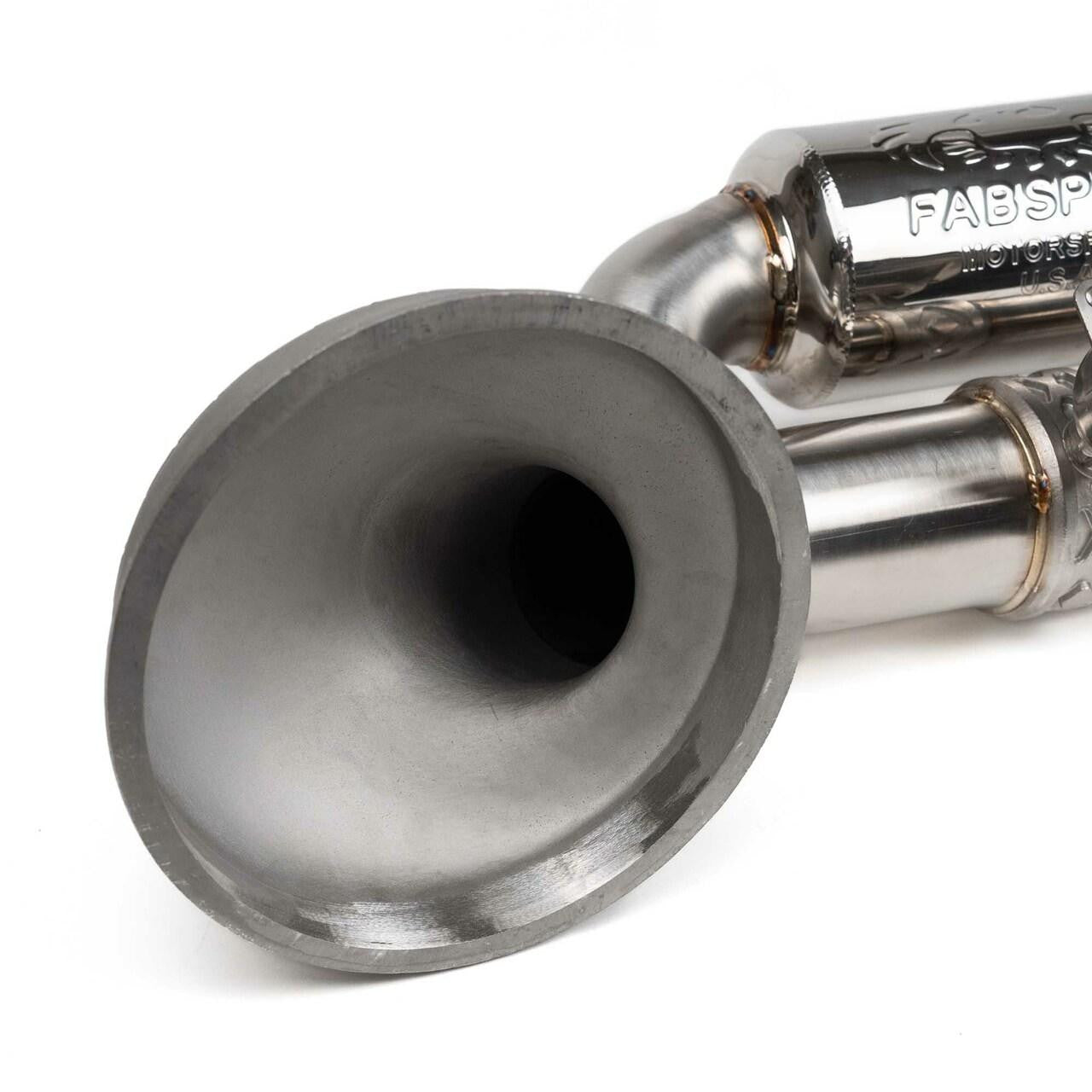 Inlet bell of the Fabspeed 992 GT3 valved cat-back, close view