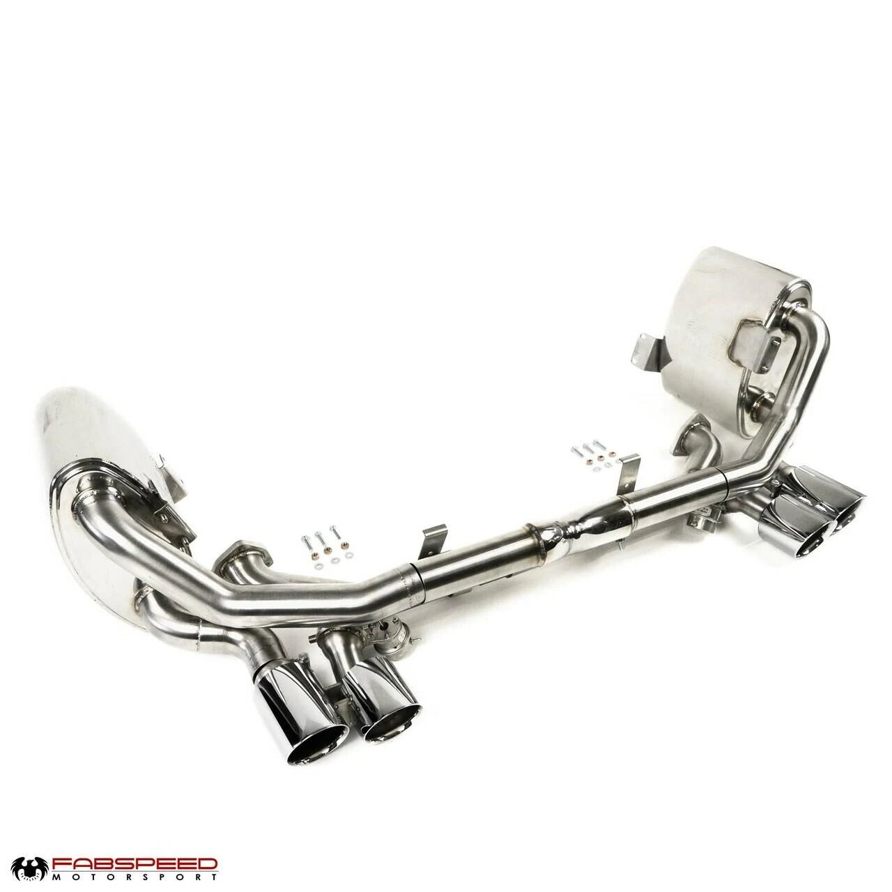Fabspeed 997.2 Carrera valved exhaust, angled view with quad tips