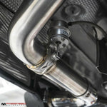 Fabspeed 718 valved exhaust pipe routing near the rear subframe
