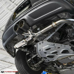 Installed 718 Cayman valved exhaust, angled underside view
