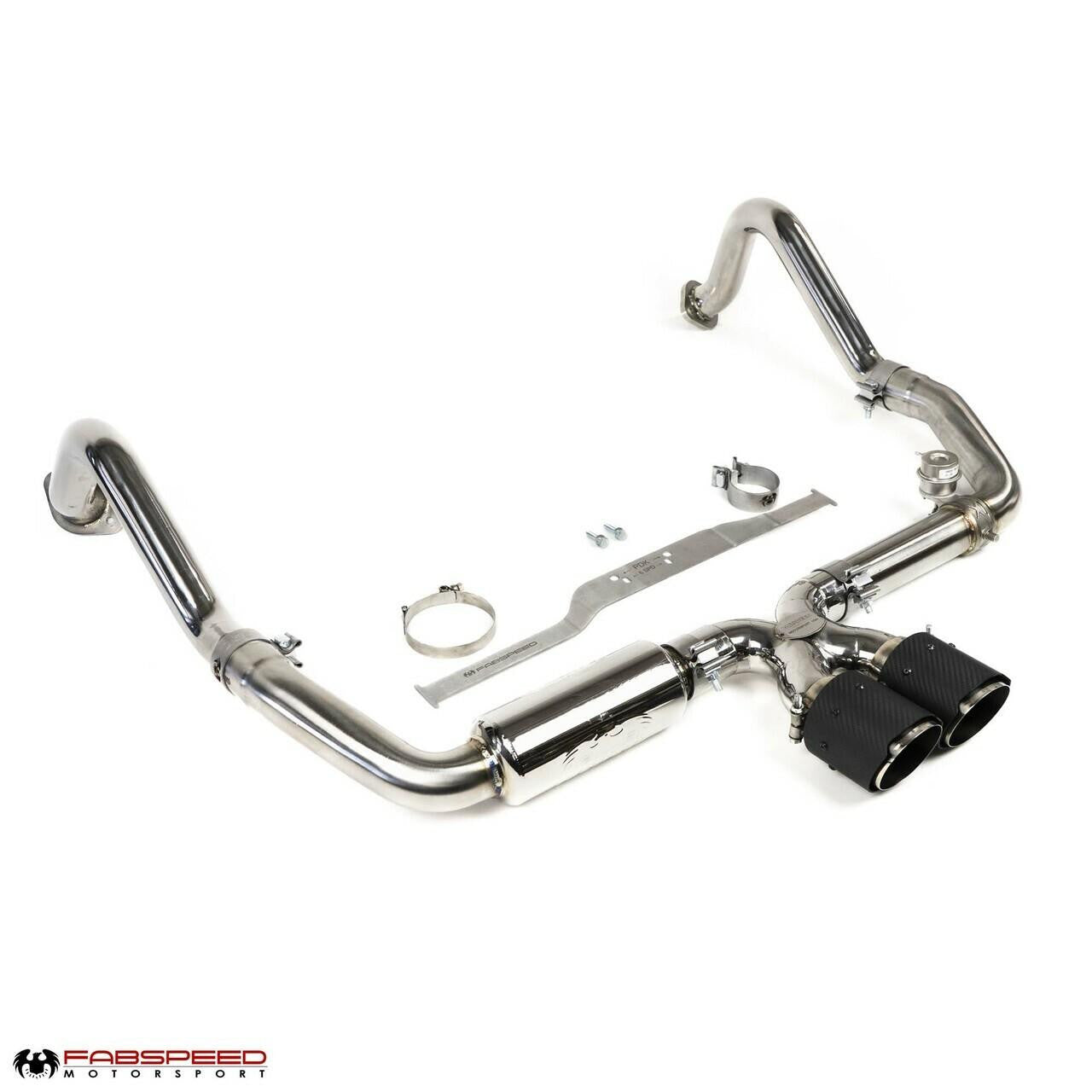 Fabspeed 718 Cayman valved exhaust, angled view with quad tips