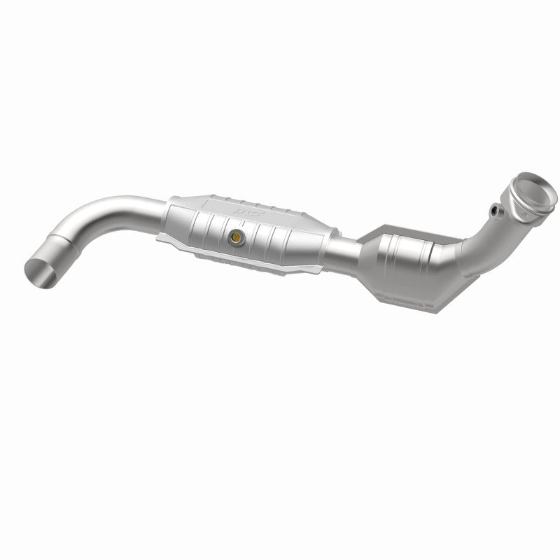 MagnaFlow 447113 carb direct-fit catalytic converter, opposite rear three-quarter view of the turntable spin