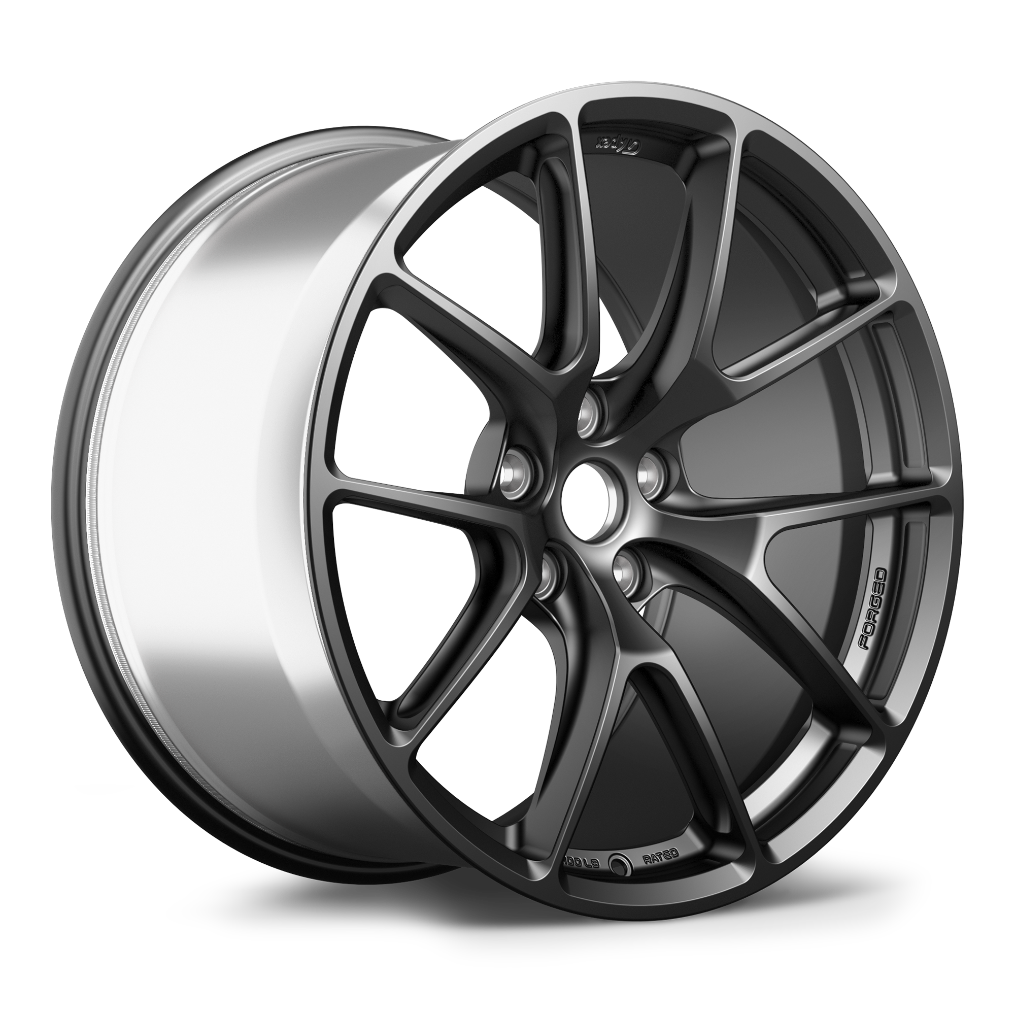 Gray forged alloy wheel with angular Y-spoke design and polished silver rim against white background - APEX Wheels wheel for 19x12 ET50 5x120 - Satin Black