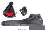 Carbon fiber intake components including conical filter housing with red pleated filter, curved tube section, and large airbox panel - Eventuri intake for Volkswagen MK8 Golf R