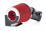 Cold air intake system with red pleated filter element, chrome ring, black carbon fiber housing on white background - Eventuri cold air intake for BMW M3