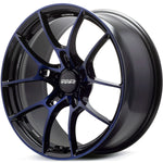 A front view of Volk Racing G025 Wheel 19x10.5 5x120 35mm Blue with white background
