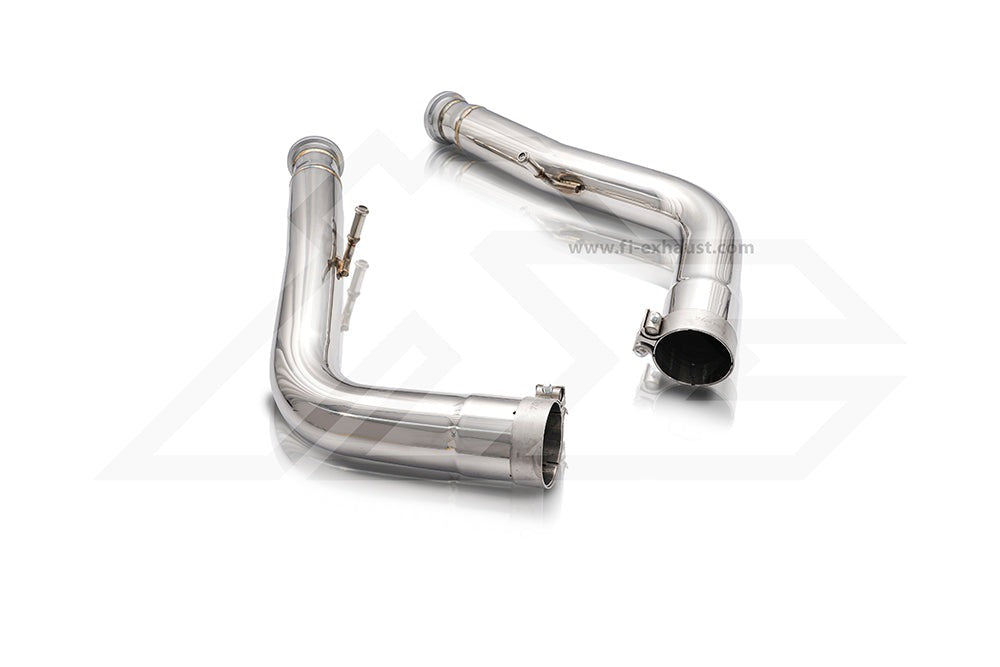 A front view of Fi EXHAUST Valvetronic Cat-Back System for Mercedes-Benz W463A G500 Quad Tips 2018+ downpipe with white background