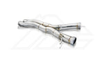 A front view of Fi EXHAUST Valvetronic Cat-Back System for Mercedes-Benz X290 AMG GT 53 4-Door Coupe 2019+ downpipe with white background