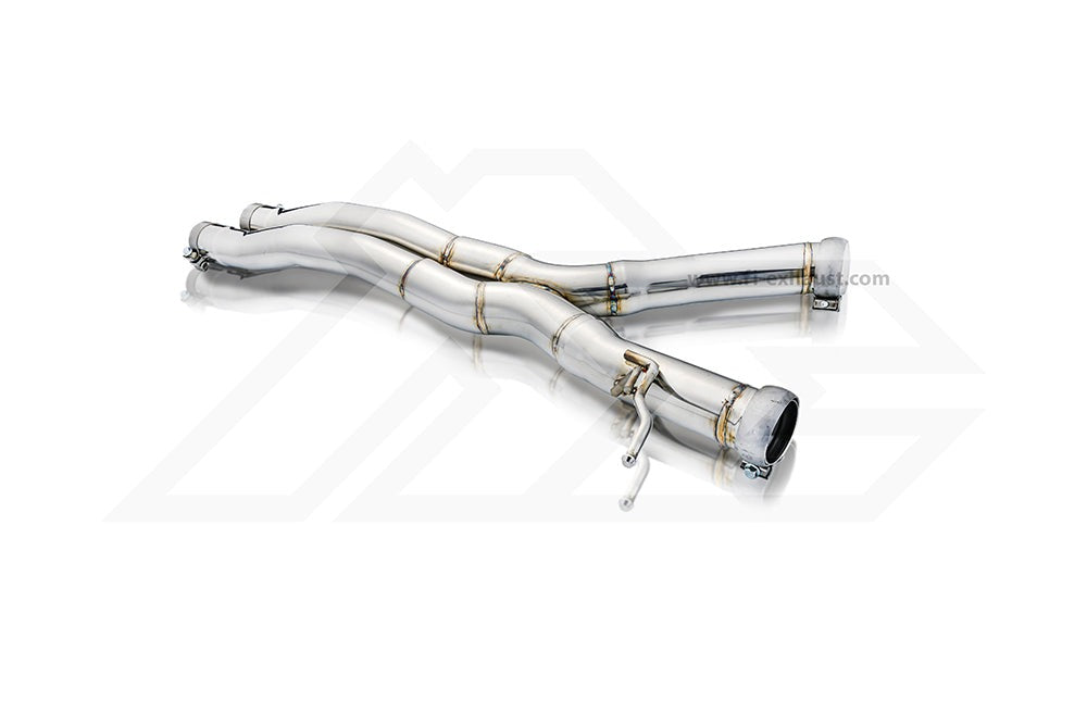 A front view of Fi EXHAUST Valvetronic Cat-Back System for Mercedes-Benz X290 AMG GT 43 4-Door Coupe 2019+ downpipe with white background
