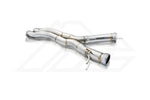 A front view of Fi EXHAUST Valvetronic Cat-Back System for Mercedes-Benz X290 AMG GT 43 4-Door Coupe 2019+ downpipe with white background