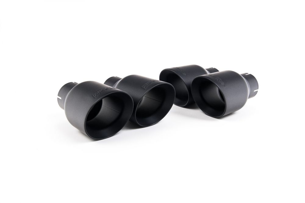 Close-up of black GT-100 round Milltek Sport exhaust tips for the 2017+ Audi S5 3.0 V6 Turbo Coupe/Cabrio B9