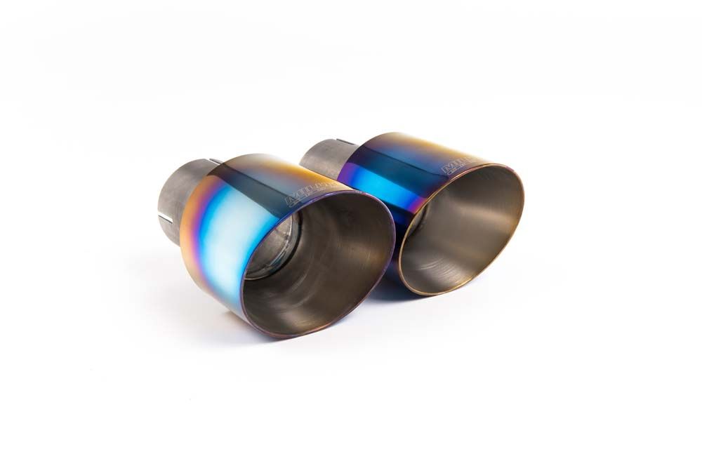 Close-up of burnt titanium GT-100 round Milltek Sport exhaust tips for the 2017-2018 Audi RS3 Sportback 400PS - Non-OPF/GPF Models