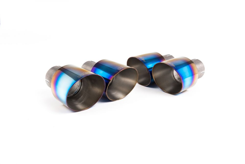 Close-up of burnt titanium GT-100 round Milltek Sport exhaust tips for the 2017+ Audi S5 3.0 V6 Turbo Coupe Only B9