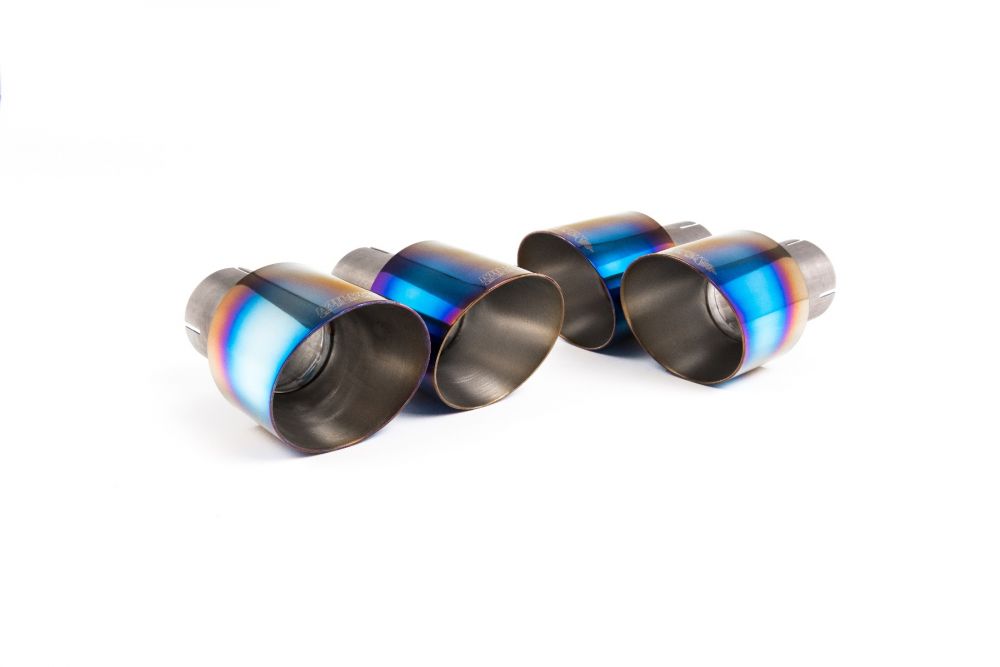 Close-up of burnt titanium GT-100 round Milltek Sport exhaust tips for the 2013-2016 Audi SQ5 3.0 TFSI Supercharged