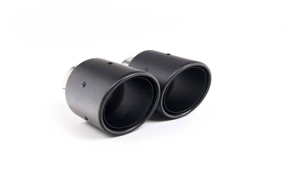 Close-up of black GT-100 round Milltek Sport exhaust tips for the 2017+ Alfa Romeo Giulia Quadrifoglio 2.9 V6 Bi-Turbo (photo 3)