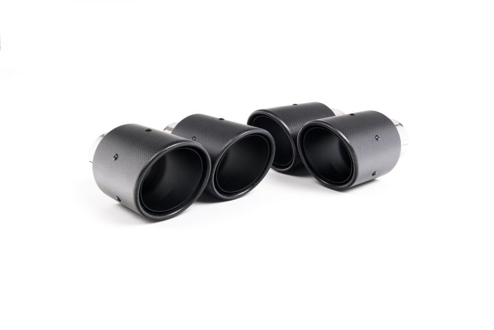 Close-up of black GT-100 round Milltek Sport exhaust tips for the 2016+ Audi S4 3.0 Turbo V6 B9 - Saloon/Sedan & Avant (photo 2)