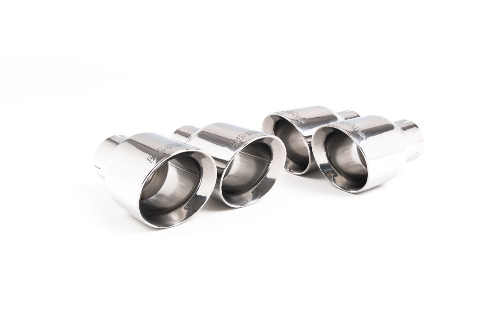 Close-up of polished silver GT-100 round Milltek Sport exhaust tips for the 2021+ BMW 4 Series G22 M440i Coupe