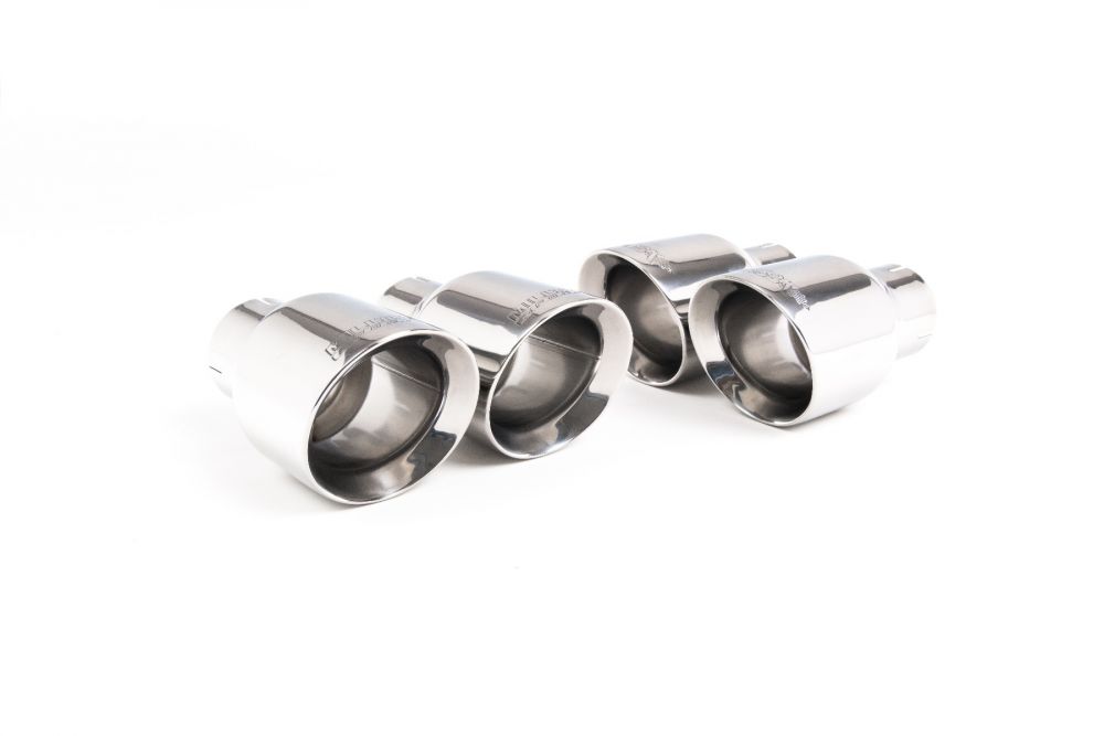 Close-up of polished silver GT-100 round Milltek Sport exhaust tips for the 2017+ Audi S5 3.0 V6 Turbo Coupe/Cabrio B9