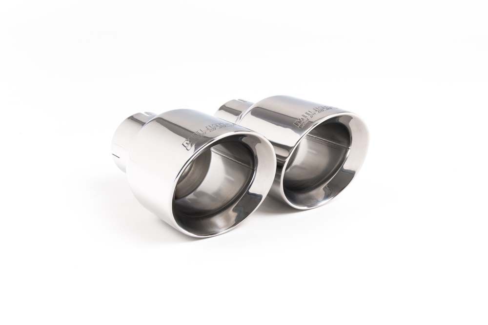 Close-up of polished GT-100 round Milltek Sport exhaust tips for the 2016+ Audi A4 2.0 TFSI B9 Quattro Saloon & Avant