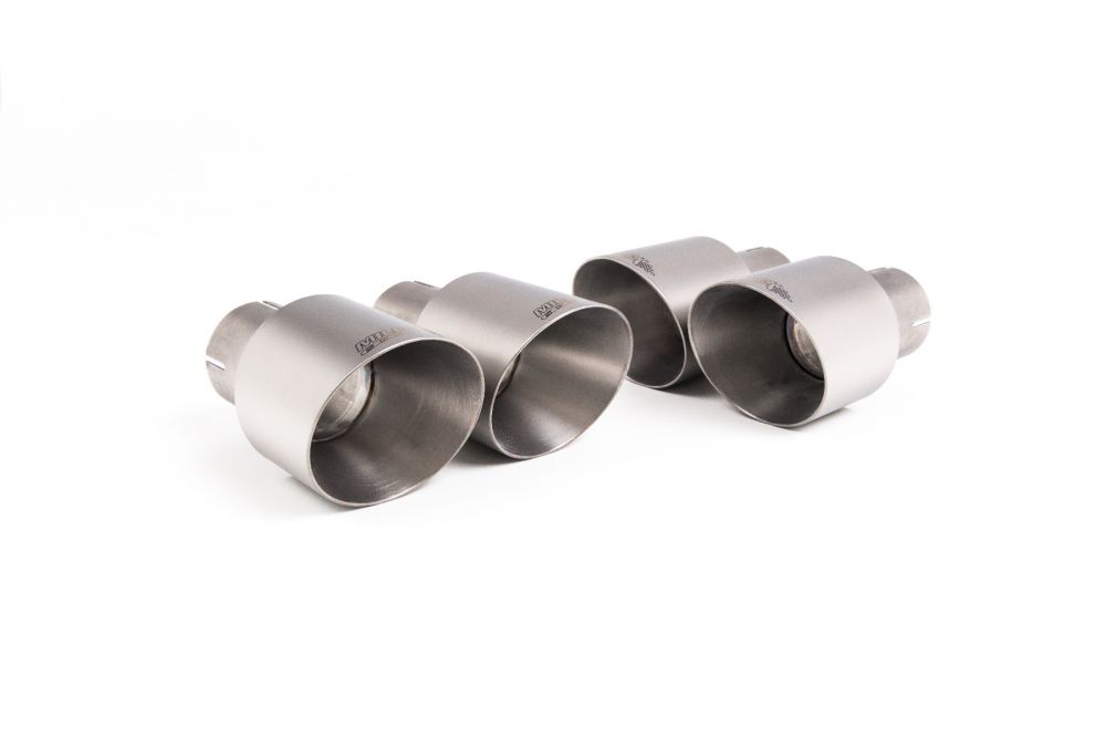 Close-up of titanium GT-100 round Milltek Sport exhaust tips for the 2017+ Audi S5 3.0 V6 Turbo Sportback B9