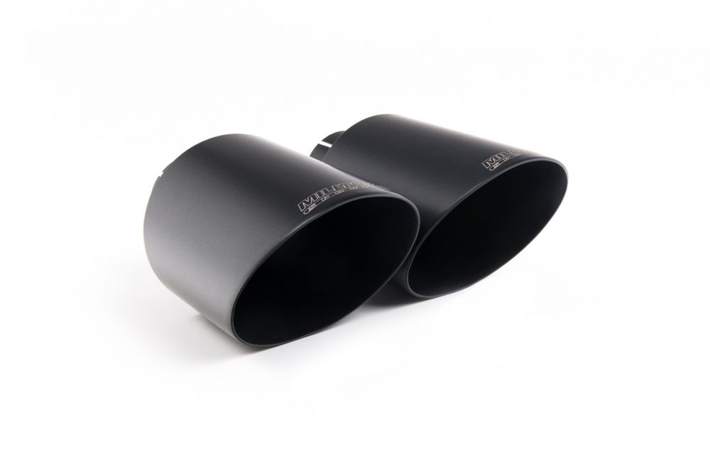 Close-up of black GT-115 round Milltek Sport exhaust tips for the 2019+ Toyota Supra A90 Coupe 3.0 Turbo - Both Auto & Manual Models