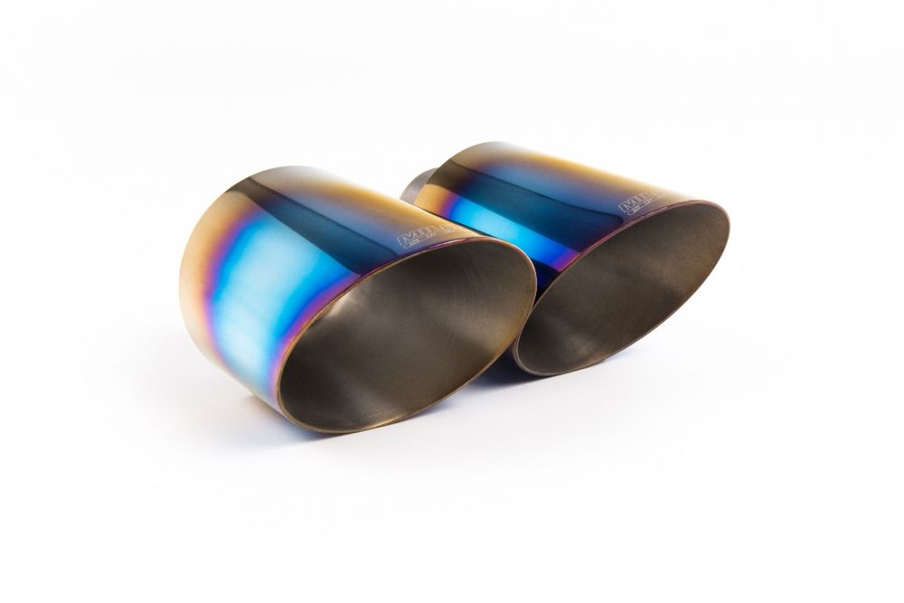 Close-up of burnt titanium GT-115 round Milltek Sport exhaust tips for the 2019+ Toyota Supra A90 Coupe 3.0 Turbo - Both Auto & Manual Models