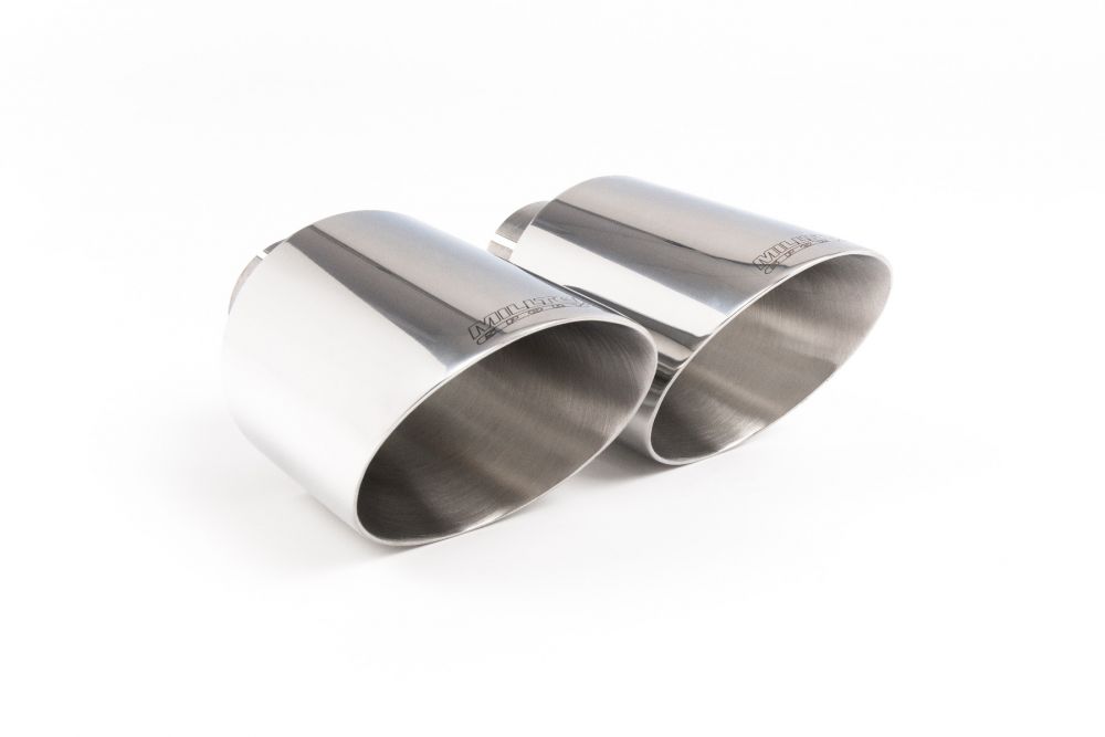 Close-up of polished GT-115 round Milltek Sport exhaust tips for the 2019+ Toyota Supra A90 Coupe 3.0 Turbo - Both Auto & Manual Models