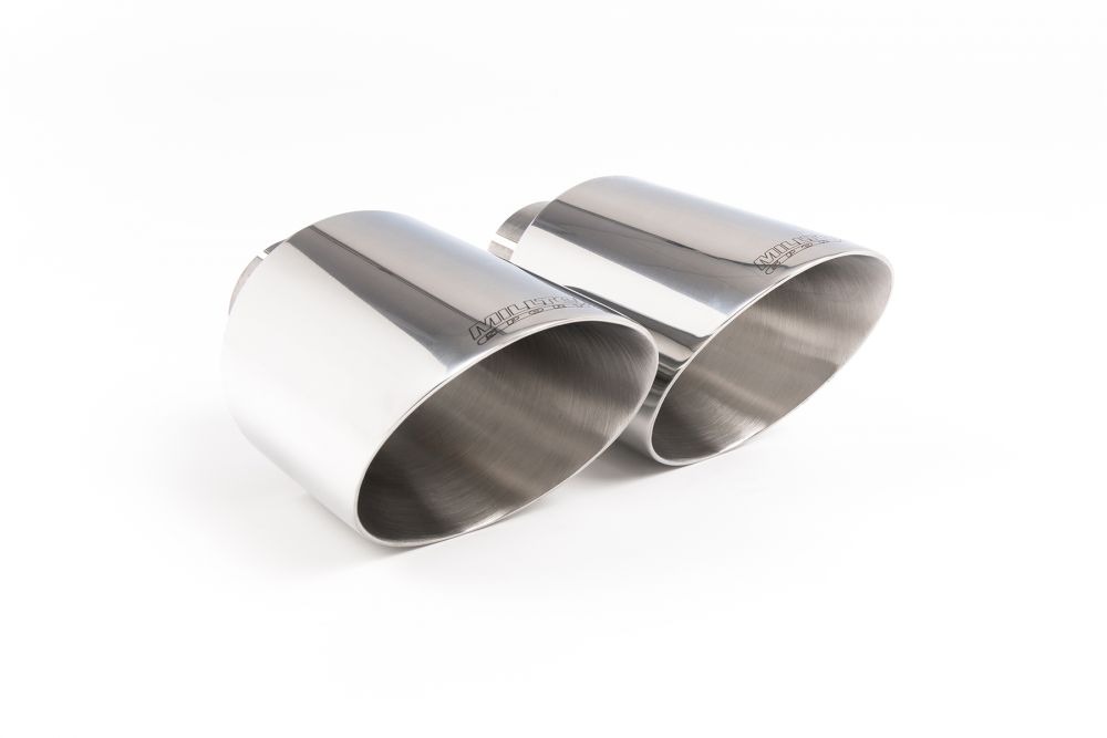 Close-up of polished silver GT-115 round Milltek Sport exhaust tips for the 2021-2024 Volkswagen Golf Mk8 GTi