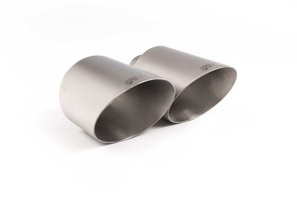 Close-up of polished silver GT-115 round Milltek Sport exhaust tips for the 2021-2024 Volkswagen Golf Mk8 GTi (photo 2)