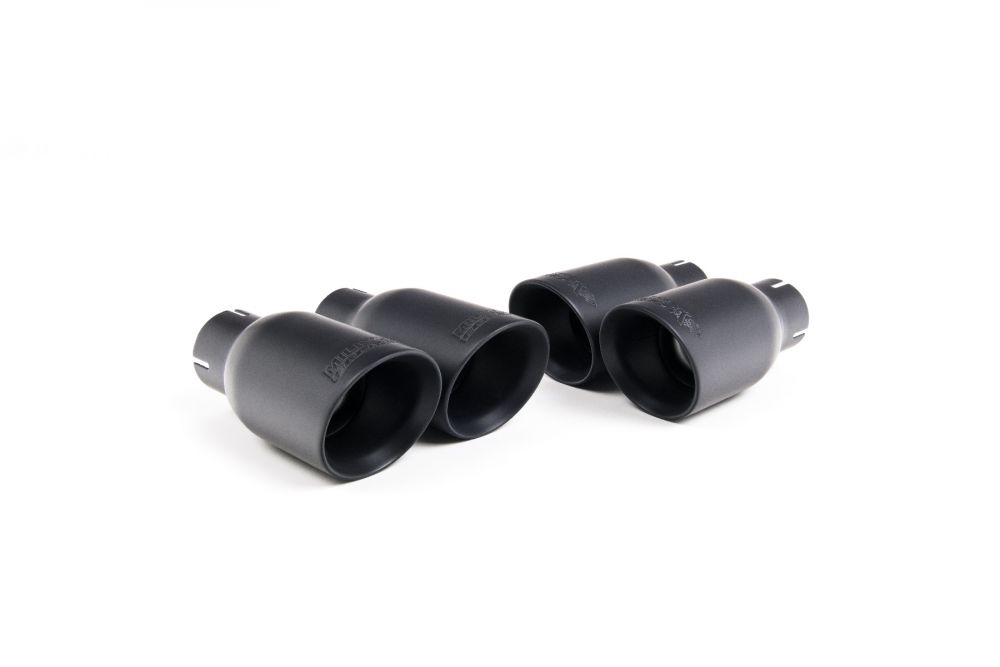 Close-up of black GT-80 round Milltek Sport exhaust tips for the 2008-2012 Audi A5 Coupé S line 2.0 TFSI 2WD and quattro S tronic (photo 2)