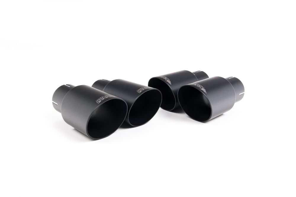 Close-up of black GT-90 round Milltek Sport exhaust tips for the 2016+ Audi S4 3.0 Turbo V6 B9 - Saloon/Sedan & Avant
