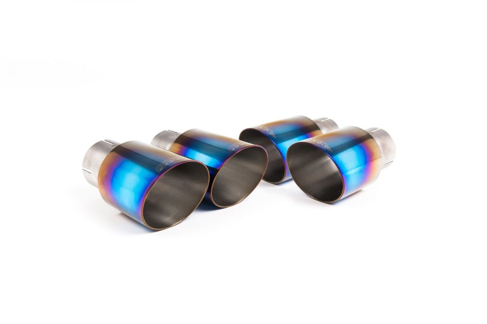 Close-up of burnt titanium GT-90 round Milltek Sport exhaust tips for the 2017+ Audi S5 3.0 V6 Turbo Sportback B9