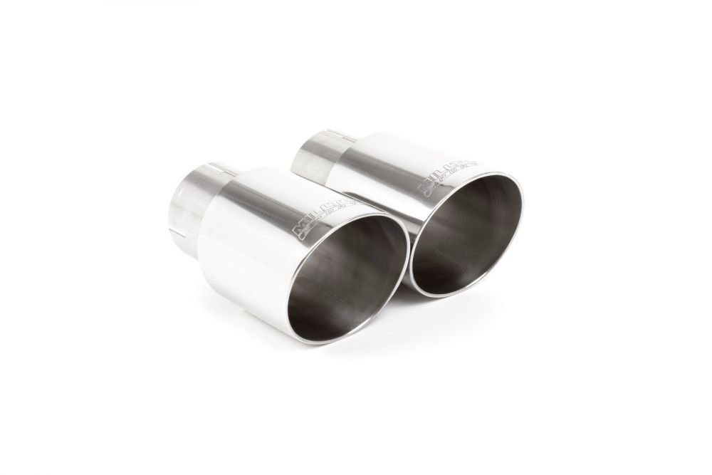 Close-up of polished GT-90 round Milltek Sport exhaust tips for the 2014-2015 BMW 2 Series M235i Coupé (photo 2)