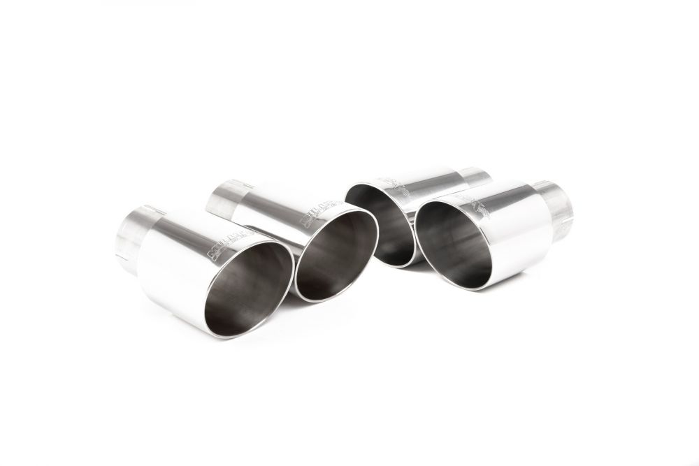 Close-up of polished GT-90 round Milltek Sport exhaust tips for the 2017+ Audi S5 3.0 V6 Turbo Sportback B9