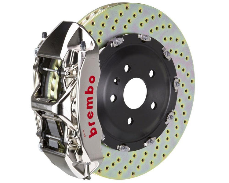 A front view of Brembo GT-R Front Big Brake Kit 380x34 Drilled Rotors for Volkswagen Tiguan R (Mk2) with a white background