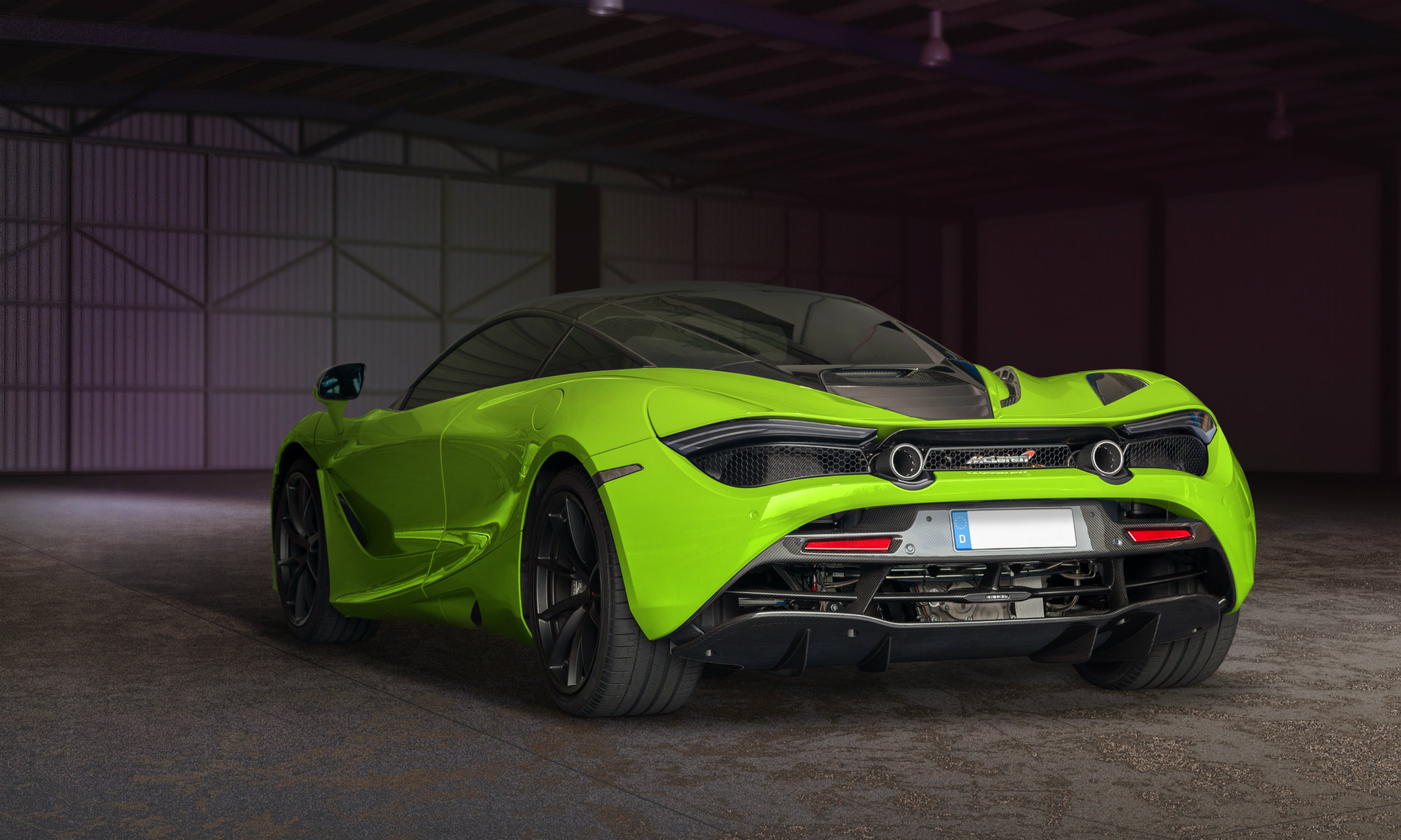 Lime green McLaren 720S rear view with Capristo valved exhaust