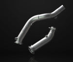 A front view of IPE SS Catless Downpipe for BMW M2 / M3 / M4 S55 with black background