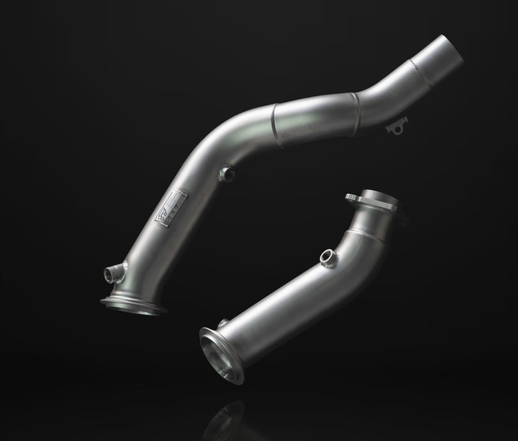 A front view of IPE SS Catless Downpipe for BMW M2 / M3 / M4 S55 with black background