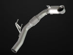 A front view of the IPE SS Catted Downpipe for Audi S3 8V Sedan / Sportback 2013-2020 with a black background