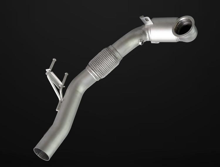A front view of the IPE SS Catted Downpipe for Audi S3 8V Sedan / Sportback 2013-2020 with a black background