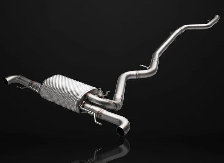 A front view of IPE SS Cat-Back Exhaust System for BMW (G2X - B48) 2019-2025 with black background
