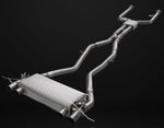 A front view of IPE SS Cat-Back Exhaust System for BMW M3 / M4 Competition (G80/G82 - S58) 2021-2025 with black background