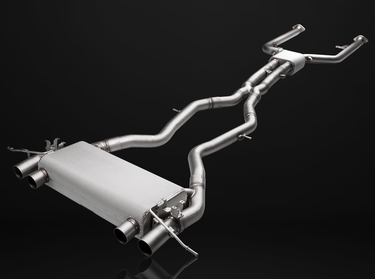 A front view of IPE SS Cat-Back Exhaust System for BMW M2 (G87 - S58) 2023-2025 with black background