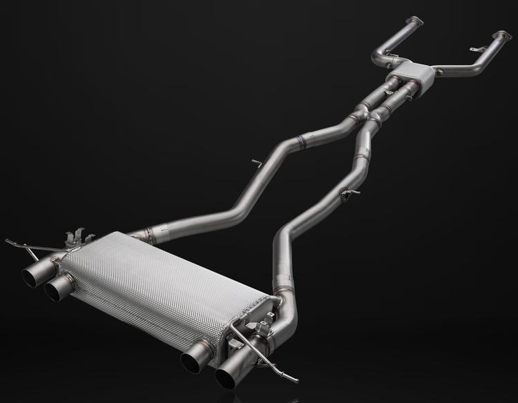 A front view of IPE SS Cat-Back Exhaust System for BMW M3 / M4 Competition (G80/G82 - S58) 2021-2025 with black background